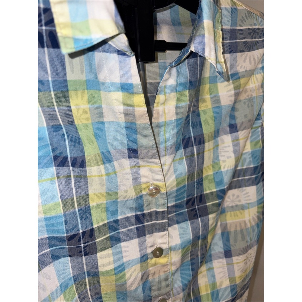 Alfred Dunner 12 Petite Blue Green Plaid Collared Button Front 3/4 Sleeve Top